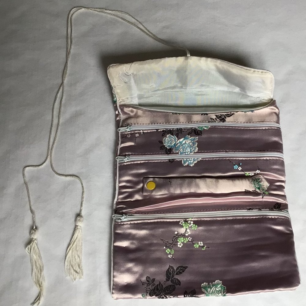 Vintage Pink Satin Jewelry Roll with Bonsai Tree and Rose Design - Picture 2 of 4